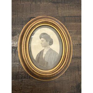 Antique Oval Framed Portrait Woman Gold Oval Frame Lace Top